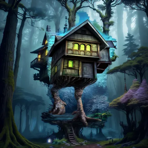 there is a house on a tree that is standing in the woods, fantasy house, tree house, treehouse, house in forest, the house in the forest, house in the wood, alexander jansson style, cyberpunk tree house, the small house in the forest, realistic fantasy ren...