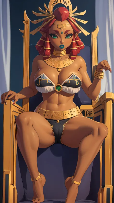 Big breasts, green eyes, dark blue lips, sitting on a throne, lingerie, naked sexy legs, Riju