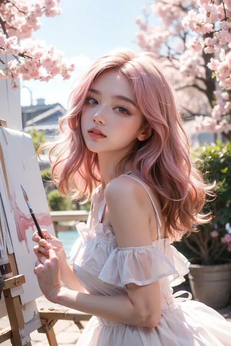 Light pink hair, pink eyes, pink and white, sakura leafs, vivid colors, white dress, paint splash, simple background, ray tracing, wavy hair