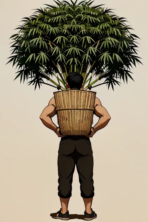 Make a cartoon illustration of a very strong adult man carrying a basket made of woven bamboo on his back