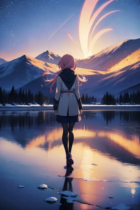 Anime girl with medium pink hair and purple eyes standing in the snow, anime moe art style, style of anime4 K, Anime art wallpaper 8 K, Anime art wallpaper 4 K, Anime art wallpaper 4k, Anime wallpaper 4K, Anime wallpaper 4 k, Detailed digital anime art, 4K...
