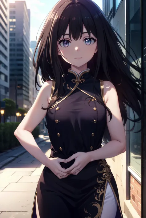 Takiuchi, Check it out, Long Hair, bangs, Black Hair, (Purple eyes:1.2),happy smile, smile, Close your mouth,Bossy,
Sleeveless blue Chinese dress,Blue long slit,Black pantyhose,Stiletto heels,whole bodyがイラストに入るように,Place your hands on your hips,
break outdo...