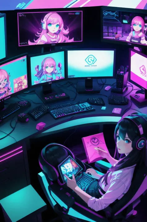 Gamer girl sitting at gaming desk. Multiple monitor setup, neon lighting, colourful and cute. 