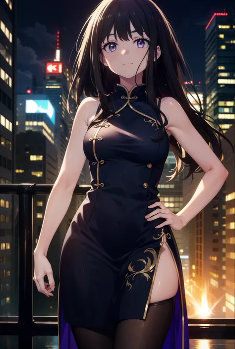 Takiuchi, Check it out, Long Hair, bangs, Black Hair, (Purple eyes:1.2),happy smile, smile, Close your mouth,Bossy,
Sleeveless blue Chinese dress,Blue long slit,Black pantyhose,Stiletto heels,whole bodyがイラストに入るように,Place your hands on your hips,
break outdo...