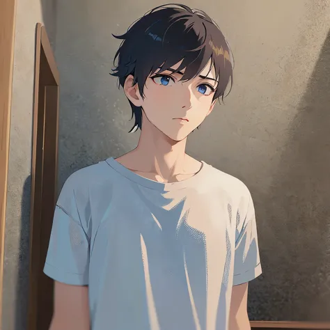 (looking away:1.5), looking up, upper body、shiny skin, masterpiece、Highest quality、(25-year-old male:1.5) and (Black short hair) and (blue eyes), White T-shirt、Are standing、surprised、The background is the living room at night、alone