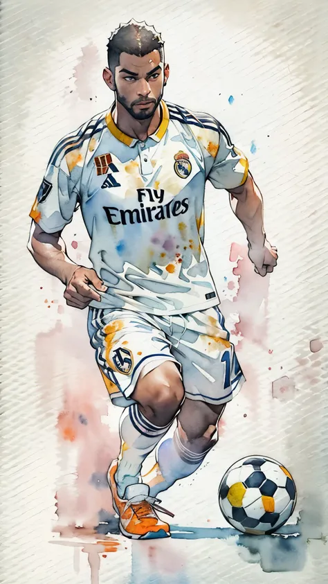 (masterpiece:1.2, highest quality),(very detailed),(((watercolor))),8k,wallpaper,(real madrid uniform),(soccer shoes),26 years o...