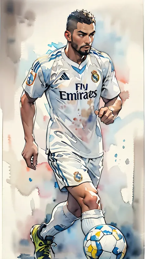 (masterpiece:1.2, highest quality),(very detailed),(((watercolor))),8k,wallpaper,(real madrid uniform),(soccer shoes),26 years o...