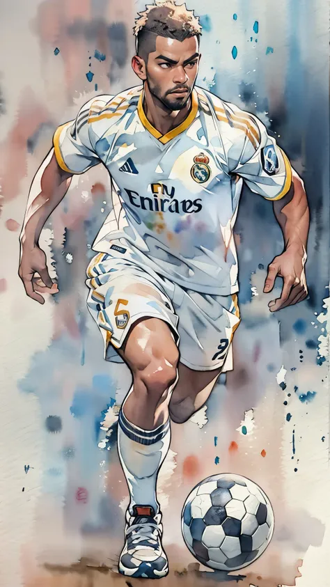 (masterpiece:1.2, highest quality),(very detailed),(((watercolor))),8k,wallpaper,(real madrid uniform),(soccer shoes),26 years o...