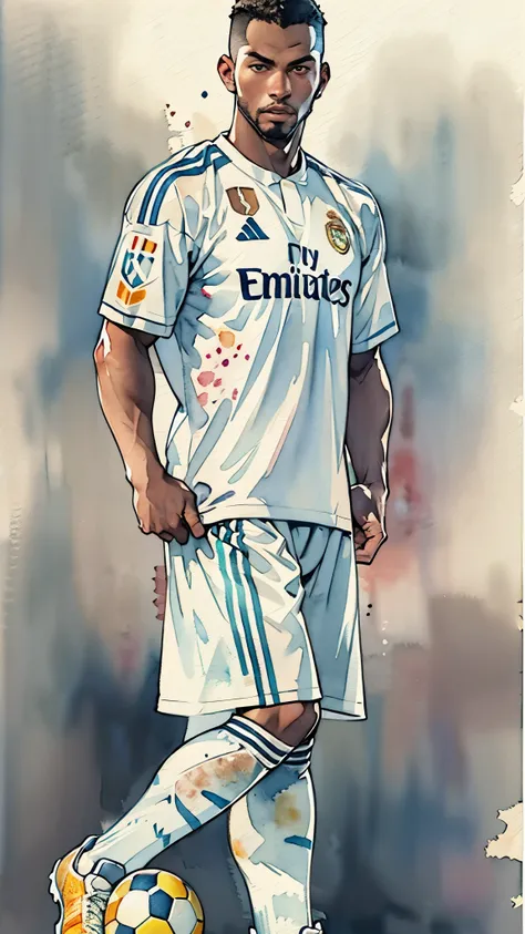 (masterpiece:1.2, highest quality),(very detailed),(((watercolor))),8k,wallpaper,(real madrid uniform),(soccer shoes),26 years o...