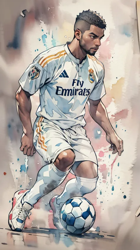 (masterpiece:1.2, highest quality),(very detailed),(((watercolor))),8k,wallpaper,(real madrid uniform),(soccer shoes),26 years o...