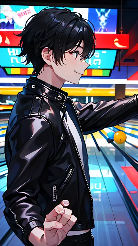 Highest quality、Young people bowling、smile、profile、bowling alley、Wearing a black leather jacket、Black Hair、1 male