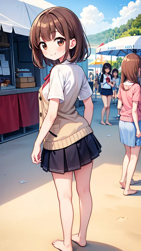 {Highest quality], [Super beautiful], [Ultra fine], [Best illustration], NSFW,Brown Hair, Hime cut,Bangs,girl,,uniform,knit cardigan,Short sleeve,skirt,smile, blush, Slender women,Standing posture,At the Beach,Summer festival,diagonal, barefoot,From the ba...