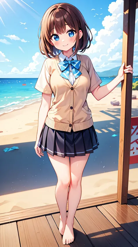 {Highest quality], [Super beautiful], [Ultra fine], [Best illustration], NSFW,Brown Hair, Hime cut,Bangs,girl,,uniform,knit cardigan,Short sleeve,skirt,smile, blush, Slender women,Standing posture,At the Beach,Summer festival,diagonal, barefoot,diagonal後ろか...