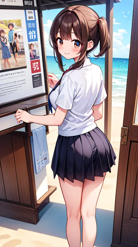 {Highest quality], [Super beautiful], [Ultra fine], [Best illustration], NSFW,Brown Hair, Hime cut,Bangs,girl,,uniform,knit cardigan,Short sleeve,skirt,smile, blush, Slender women,Standing posture,At the Beach,Summer festival,diagonal, barefoot,From the ba...