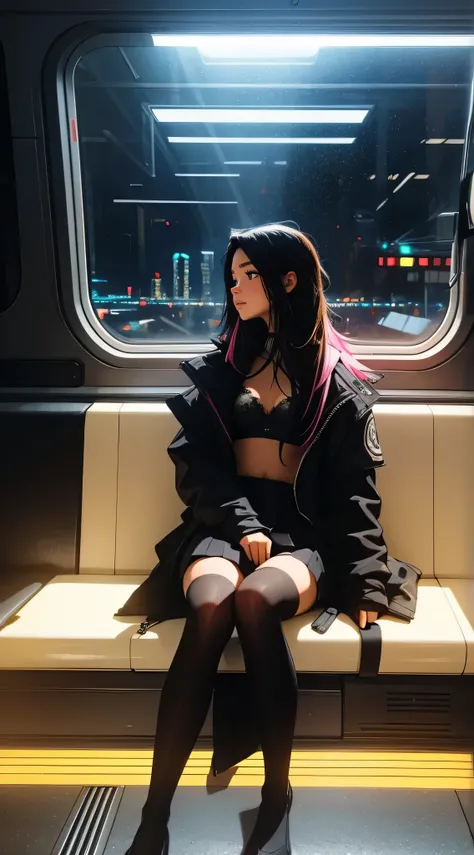 train du futur, cyberpunk,  sitting by the window,  pose pensives, Looking dreamily off in the distance, 
Landscape passing by at high speed, voyage de nuit, beautiful starry sky, Une belle fille avec, 
UHD Portrait, (High quality) (ultra details) Spectato...