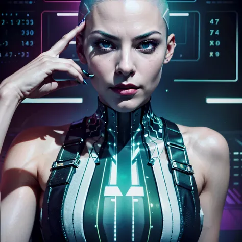 hacker with a shaved head and vibrant green streaks dyed into her remaining hair. her fingers fly across a holographic keyboard,...