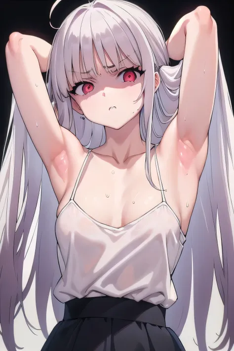 masterpiece, best quality, ultra-high-detailed, Disgusted face, white hair, red eyes, sigtuna julie, looking to viewer, deep eyes,  glare eyes, bare shoulder, focus to face, black background, upper body, arms up, arms behind head, armpit crease, eyeshadow,...