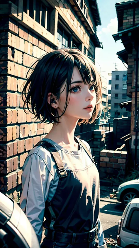 one-girl，Medium short hair，The expression is resolute，Delicate facial details，Blue pupil，（careful：1.3），Dilapidated ruined buildings，With a baseball bat，covert，Atmospheric lights，Center composition，Post-apocalypse，hyper-high detail，A high resolution，8k，Wall...