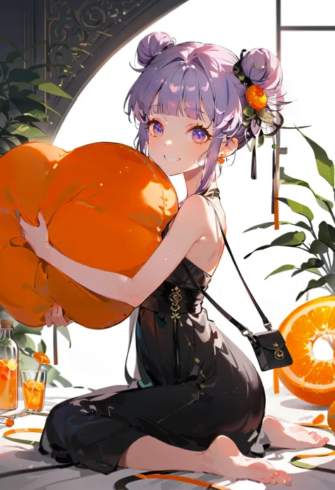 Purple hair girl painting、Glass mandarin orange earrings decorate both ears、Eye color: Ocean pink purple、Space Eyes、Poolside、(((Giant orange shaped cushion)))、((Hugging on a cushion))、Sit down, long hair、Bun Hair、Cool and complicated, Hand holding sliced o...