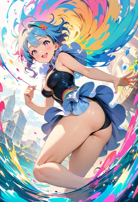 (masterpiece, Highest quality, Official Art:1.2), (colorful), Perfect Anatomy, Looking at the audience, One Girl, alone, White Background, floating colorful water, Ultra-fine illustrations, highly detailed, Dynamic Angle, beautiful detailed, 8K, break smil...