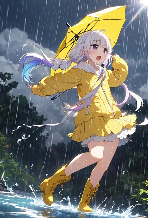 singing "rain rain ra~in guerri guerrilla~♪", best quality, super fine, 16k, incredibly absurdres, extremely detailed, 2.5d, ext...