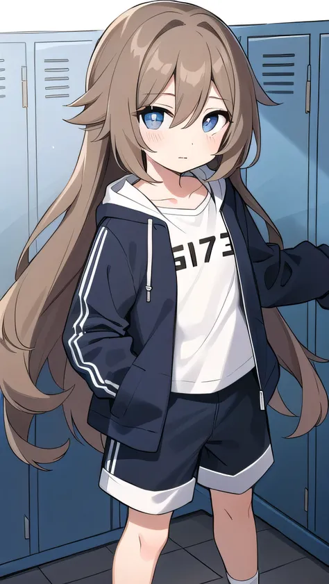 Girl, ( light brown hair :1.5), (black eyes:1.1), (big eyes: 1.1), (sagging eyes: 1.5), (very long hair:1.1), hair between eyes, cyan long-sleeved hoodie, white T-shirt, dark blue shorts, white sneakers, (flat chest), (straight hair), very short, only , dr...