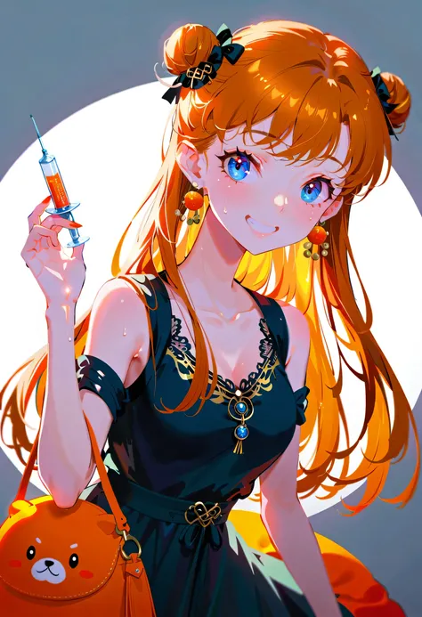 Purple hair girl painting、Glass mandarin orange earrings decorate both ears、Eye color: Ocean pink purple、Space Eyes、Inside the room、(((Giant orange shaped cushion)))、((Hugging on a cushion))、Sit down, long hair、Bun Hair、Cool and complicated, Hand holding s...