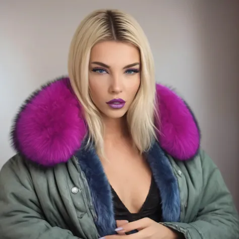 Create a high-definition, glossy image of female wearing a large russian coat with a purple trim fur collar and denim shorts. Ensure her face is flawless, with captivating eyes and a seductive grin. she has purple lips and blue eyes, Enhance the outfit to ...