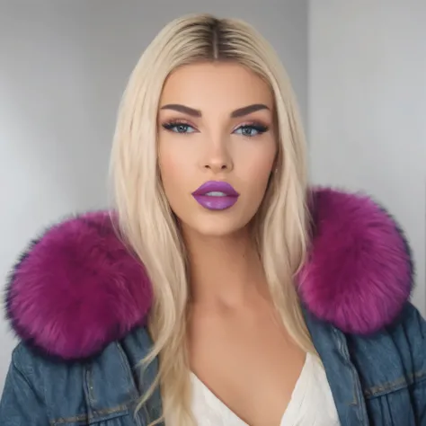 (Create a high-definition, glossy image of female wearing a large russian coat with a purple trim fur collar and denim shorts. Ensure her face is flawless, with captivating eyes and a seductive grin. she has purple lips and blue eyes, Enhance the outfit to...