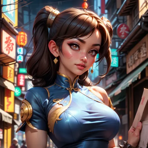 Chun Li,(black hair two braided) , brown eyes,
Chinese clothing, spiked bracelet, earrings ,( chinese blue dress :1.4)
standing, Upper part of the body, SMILE, Wad of bills, (pantimedias negra nylons ),
Chinatown, evening ,
(incredibly detailed, bea...