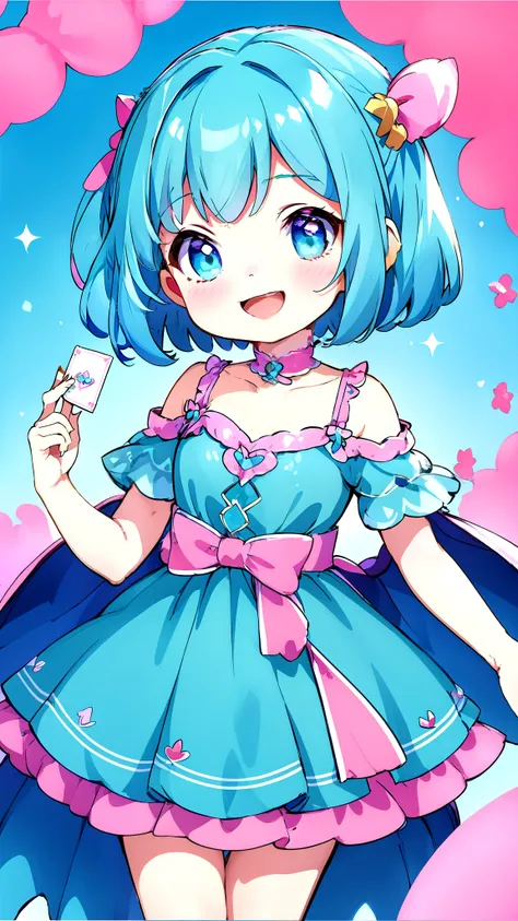 (masterpiece),(Highest quality), (Ultra-high resolution),girl , Bobcut, chibi,Laughing、Fortune-telling card reading with one card in one hand、Blue dress、Pink and teal gradient hair、Pink and blue gradient eyes、White ribbon in hair、People only、No background