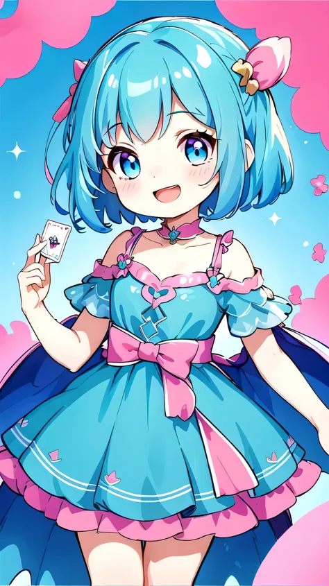 (masterpiece),(Highest quality), (Ultra-high resolution),girl , Bobcut, chibi,Laughing、Fortune-telling card reading with one card in one hand、Blue dress、Pink and teal gradient hair、Pink and blue gradient eyes、White ribbon in hair、People only、No background