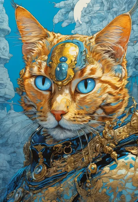 artwork by Katsuya Terada
8K, HD, intricate detailed masterpiece, Cat Warrior、 cat coat, cute cat, transparent, glowing blue eyes, blue cat and blue eye ball, medium shot, blue hair, organic shapes, hard edges, anatomecly correct body,  hyper realistic, ca...