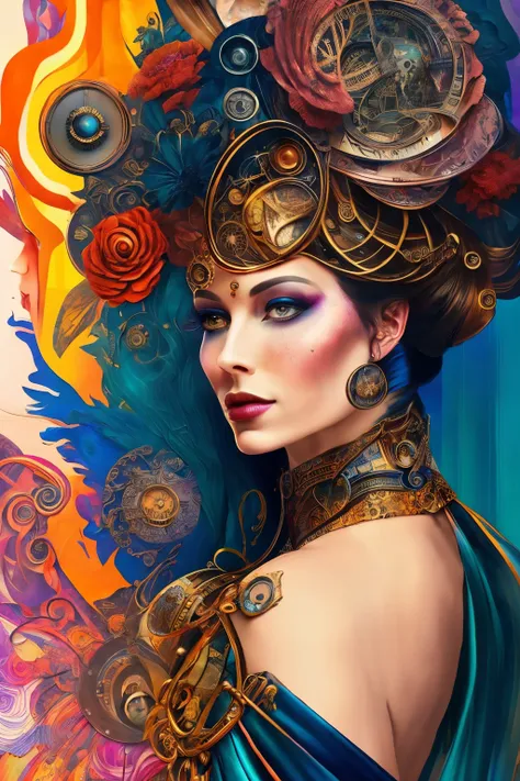 A captivating mixed media portrait of an elegant woman with auburn-hued locks, adorned with steampunk influences, illuminated in an abstract style. The image, painted with a palette that exudes warmth and depth, showcases intricate details that seamlessly ...