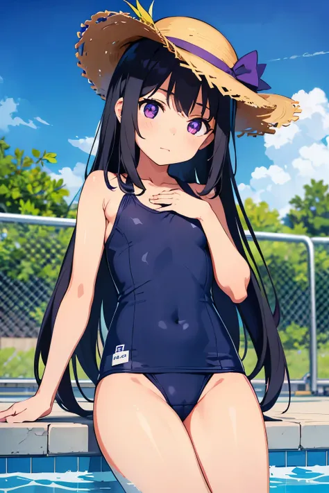 Elementary school girl, 8 years old, flat chest, black hair, long hair, purple eyes 　（One person）Wear a straw hat　 Summer poolside　Navy blue old school swimsuit　Wearing sandals　 Lying by the pool　Dynamic Angle　Angle from directly above　Centered on the groi...