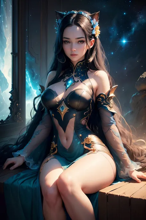 (((medium full shot))), (Masterpiece, photorealistic, photorealism, best quality, ultra-detailed:1.3), (nice hands, perfect hands), official art, cinematic light, (1girl:1.3), adult, This is a woman, in a sheer dress, sitting on a chair, in a luxurious roo...