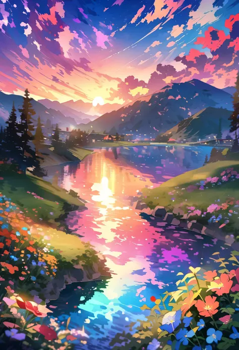 Have a beautiful sunset, The hills are covered with flowers and plants., The flowers are approaching, Colorful sky, Surreal colors, Colorful sunset, Colorful sky, Beautiful sky reflection, Beautiful sky, Fantastic atmosphere 8K, Multicolored clouds, Colore...