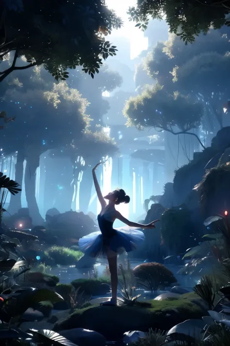 theme: Ballet Giselle Background: 夜のforestをイメージして
詳細: In the silhouette of a ballerina、forest（landscape）Drawing instructions:
1. The silhouette of a ballerina is at the center。
2. In the silhouette of a ballerina、夜のforestのlandscapeを描くこと。
3. Emphasizing a d...