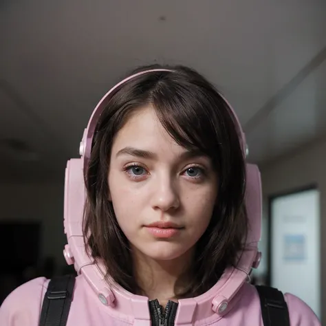 Photo of a college student, Purple Pink, Futuristic space suit, (freckle:0.8) Cute face, Science Fiction, Dystopia, Delicate eyes, Green pupils（（side view））