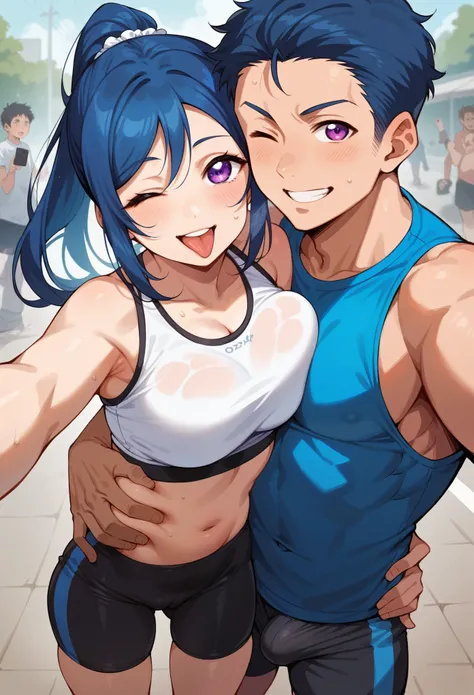 Matsuura kanan love live, long hair, ponytail, blue hair, purple eyes, gym bra, bike shorts, standing, puffy crotch , skindentation , realistic art style  ,in street, lake in background, 1boys,1girl,taking selfie with boy , erection under clothes ,hug,hip ...