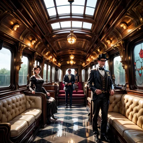 (best quality,4k,8k,highres,masterpiece:1.2),ultra-detailed,(realistic,photorealistic,photo-realistic:1.37),steam punk,a luxurious Train Station,spotlessly clean,several steam punk entertainment gadgets are present,golden steam-powered machines,exquisite c...