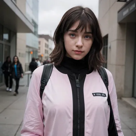 Photo of a college student, Purple Pink, Futuristic space suit, (freckle:0.8) Cute face, Science Fiction, Dystopia, Delicate eyes, Green pupils（（side view））