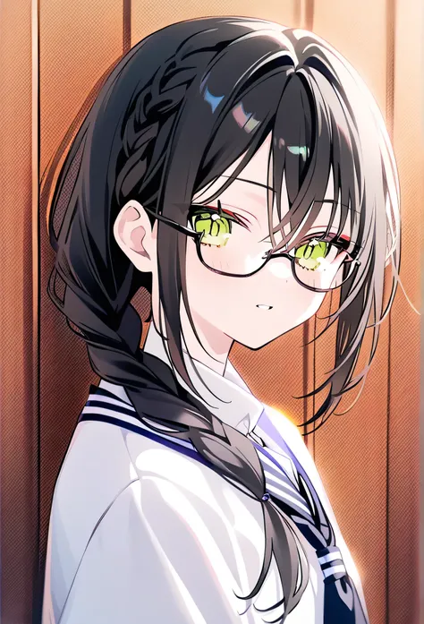 rurudo, 1girl,  solo,  black hair, green eyes, hanakuma chifuyu, glasses, student uniform, japanese, braids hair, peaceful persona