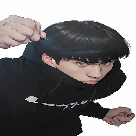  boy with black hoodie and fist in hand, trigger anime artstyle, manhwa, kentaro miura manga art style, high quality fanart, official art, high quality anime artstyle, male anime style, kentaro miura manga style, mob psycho 100, menacing look, sankakucompl...