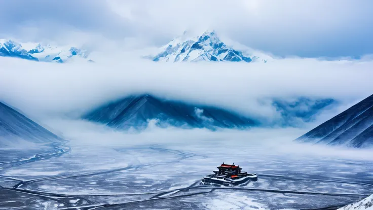 Relaxing image, asian, tibet, snow and a lot of fog