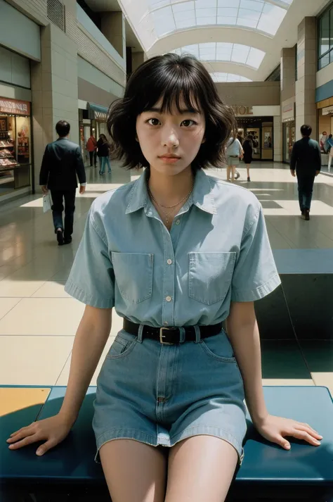 natural light, analog film photo, kodachrome , beautiful female short hair ,solo ,mall