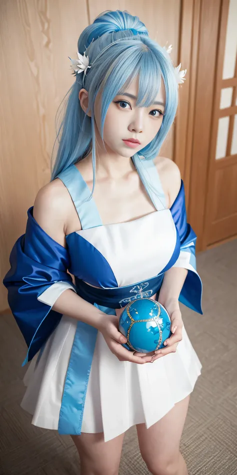 a girl with a blue and white dress holding a blue ball, onmyoji, onmyoji detailed art, onmyoji portrait, white haired deity, keqing from genshin impact, genshin, from arknights, Clorinde from genshin impact, heise jinyao, by Shitao, loong, by Yang J, yun l...