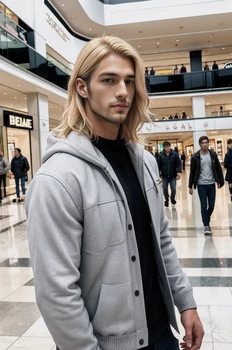 raw photo of beautiful handsome men blonde hair ,solo ,mall
