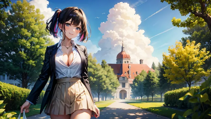 1girl, full body, solo, summer, village, trees, sun, clouds, ((colorful hair)), large breasts, ((black blazer)), button down shirt, ((white shirt)), ((short sleeved shirt)), ((unbuttoned shirt)), unbuttoning buttons, cleavage 1:3, brown eyes, skirt, smile,...