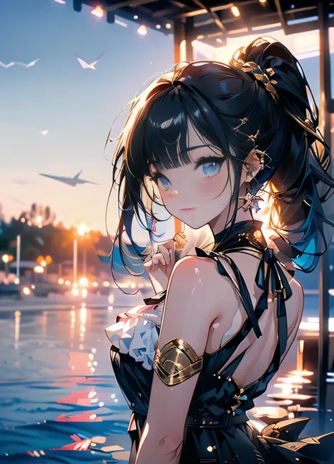 ,((masterpiece, Highest Resolution,Highest quality)),  (Beautiful illustrations), ((Semi-long beautiful black hair,Blunt bangs,ponytail,Beautiful Eyes)),(alone),(Japanese high ,Sailor,mini skirt,Elegant swimwear,,(Looking at the audience), (Swimming in the...